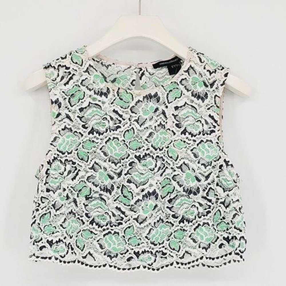 French Connection White Blue Green Cropped Lace Sleeveless Top Blouse 6 Small